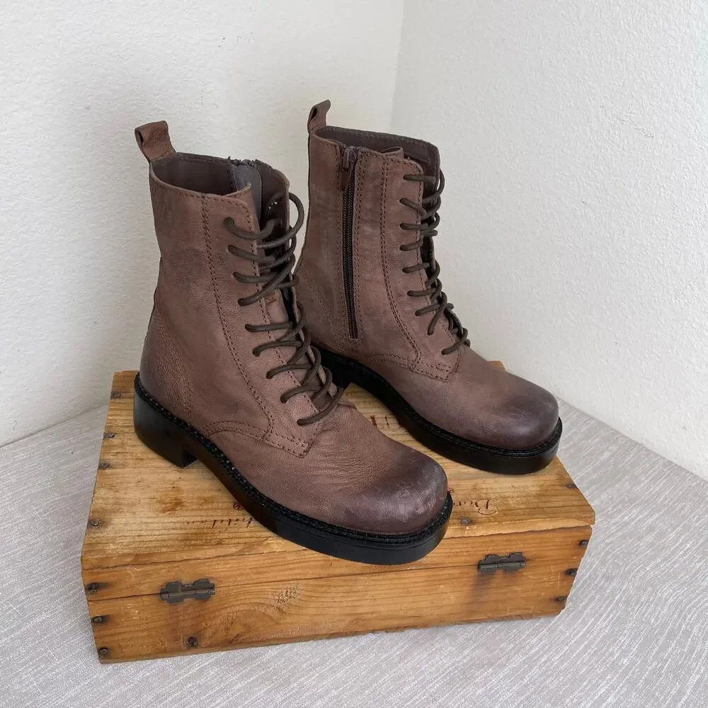 ZARA Women Brown Distressed Combat Boots Lace Up Lug Sole Size 34
